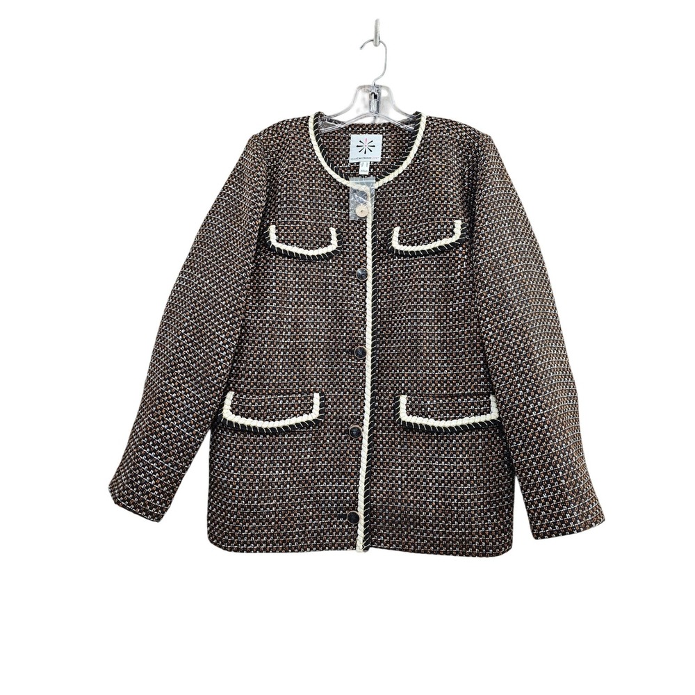 Isaac Mizrahi Live Tweed Jacket Womens Medium Brown Multi Gold Trim Braided Chic